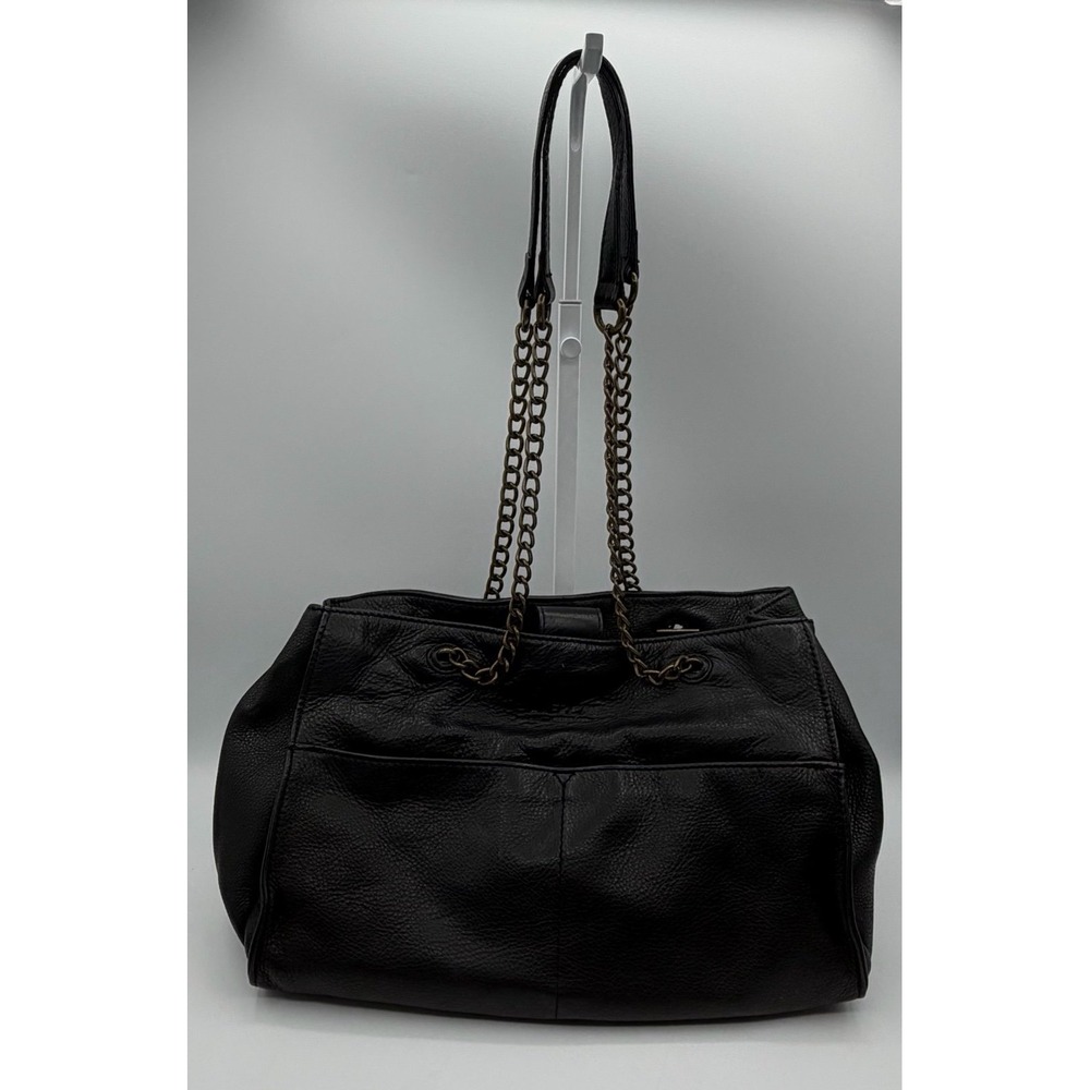 American‎ Leather Co Black Pebbled Leather Shoulder Tote Bag Chain Straps